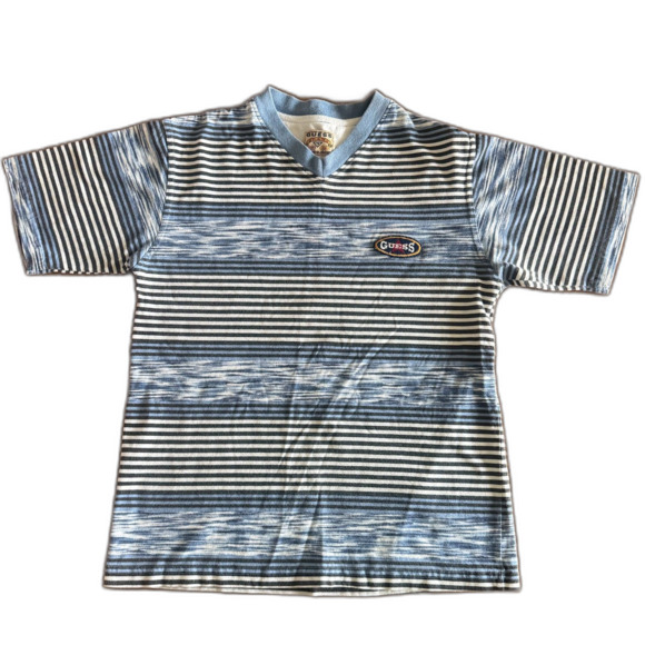 Vintage Guess Blue Striped V-Neck Tee Boys' L 16-18 - Picture 1 of 10